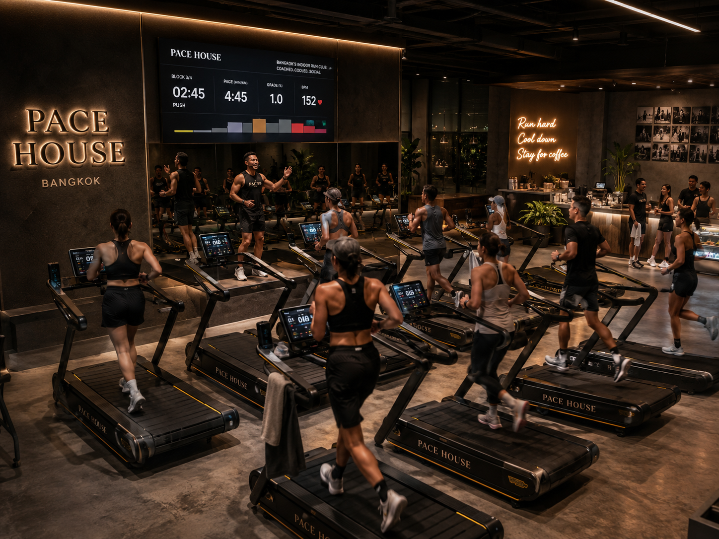 Imagined Pace House Bangkok studio interior — coach leading a class on premium treadmills with live metrics on the front wall and a coffee bar at the back.